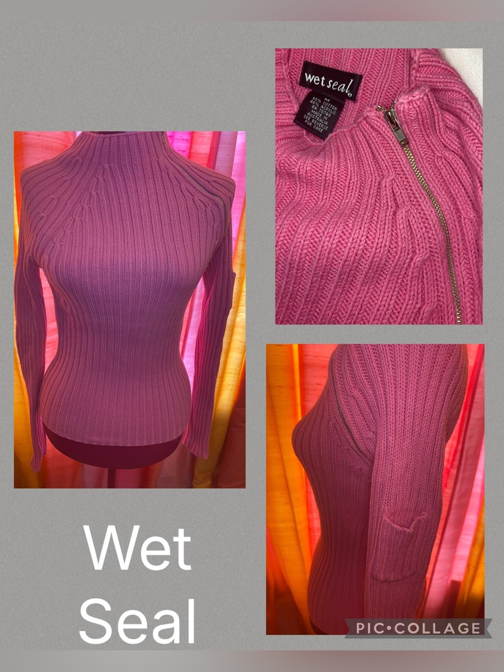 Rare Pink Wet Seal Sweater With Zip Detail at Neck and Sleeve Pocket M V…